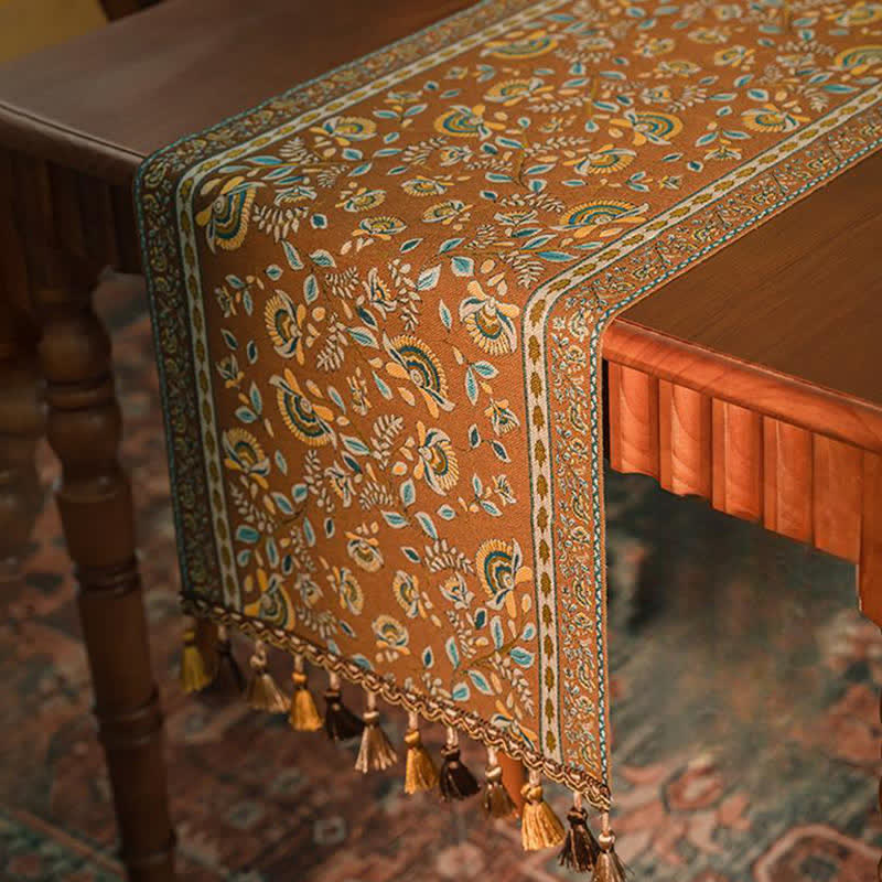Vintage Branch Jacquard Tassel Table Runner