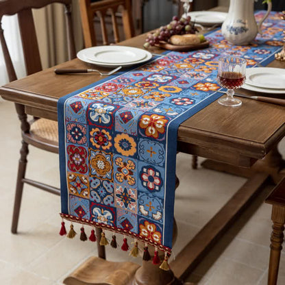 Geometric Pattern Jacquard Tassel Table Runner