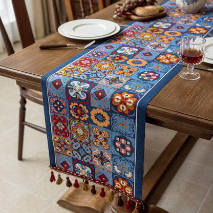Geometric Pattern Jacquard Tassel Table Runner