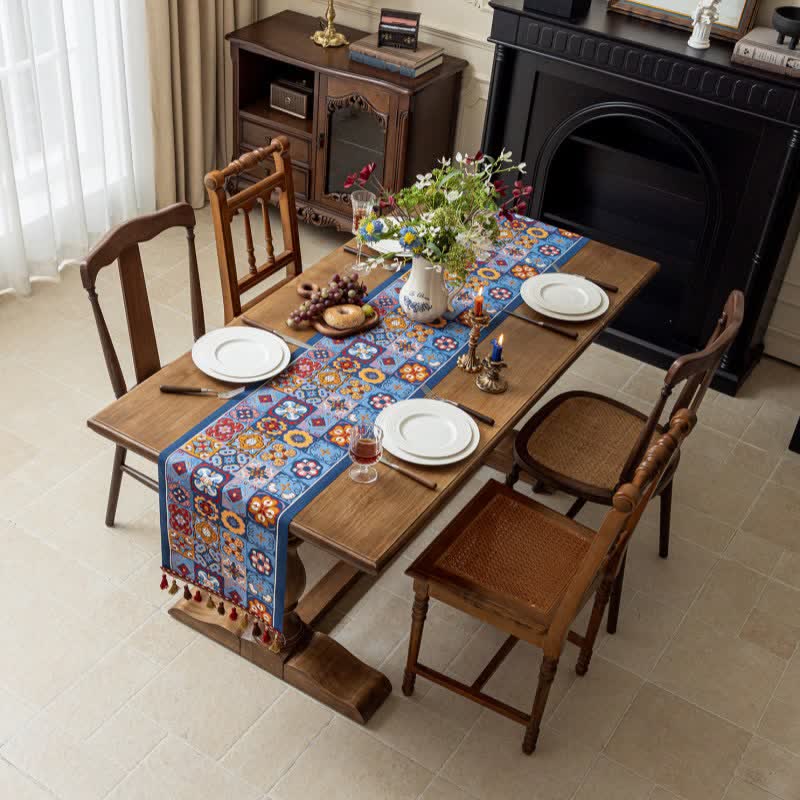 Geometric Pattern Jacquard Tassel Table Runner