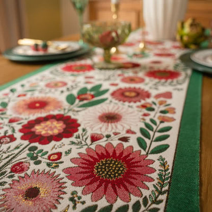 Pink Floral Jacquard Tassel Table Runner