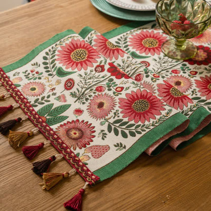 Pink Floral Jacquard Tassel Table Runner
