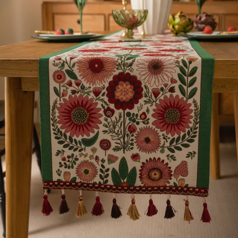 Pink Floral Jacquard Tassel Table Runner