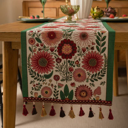 Pink Floral Jacquard Tassel Table Runner