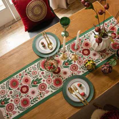 Pink Floral Jacquard Tassel Table Runner