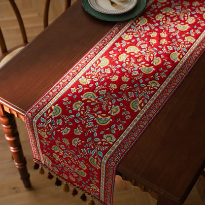 Vintage Branch Jacquard Tassel Table Runner