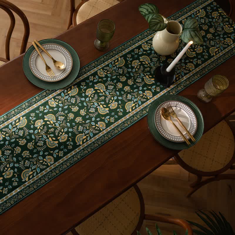 Vintage Branch Jacquard Tassel Table Runner