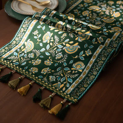 Vintage Branch Jacquard Tassel Table Runner