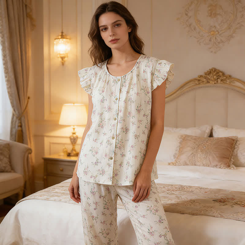 Rose Cotton Flutter Sleeve Loungewear Set