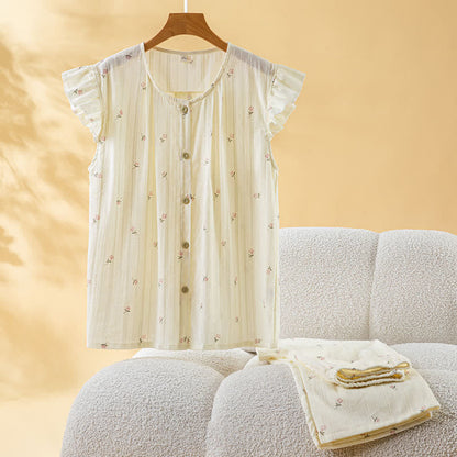 Stripe & Floral Cotton Flutter Sleeve Pajamas