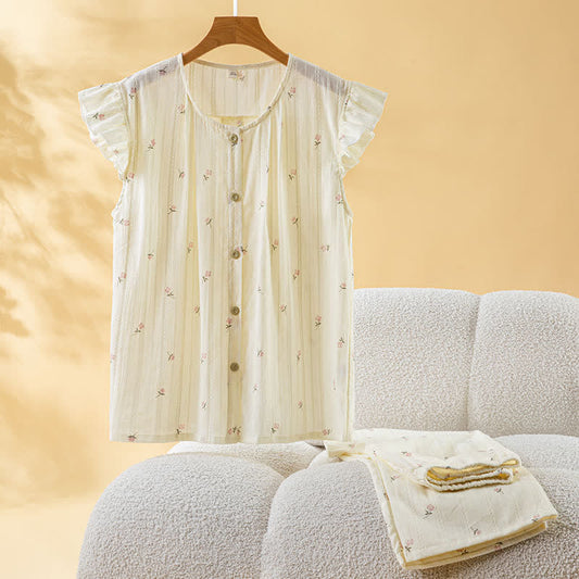 Stripe & Floral Cotton Flutter Sleeve Pajamas