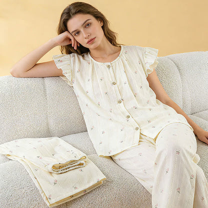 Stripe & Floral Cotton Flutter Sleeve Pajamas