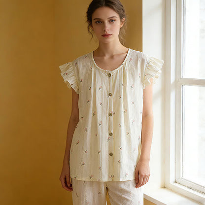 Stripe & Floral Cotton Flutter Sleeve Pajamas