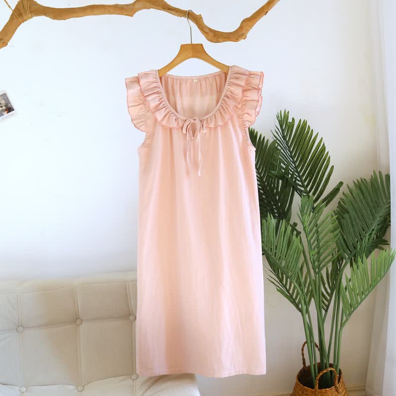 Cotton Gauze Solid Flutter Sleeve Nightdress