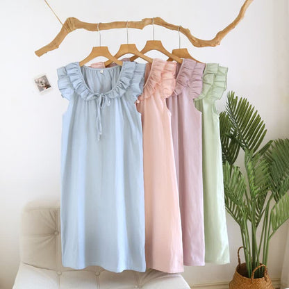 Cotton Gauze Solid Flutter Sleeve Nightdress