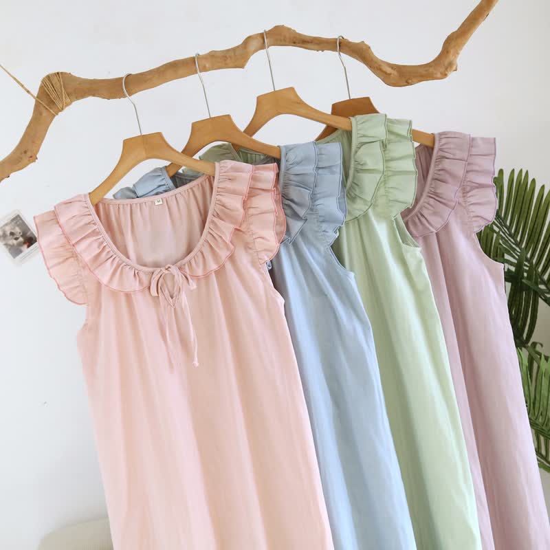 Cotton Gauze Solid Flutter Sleeve Nightdress