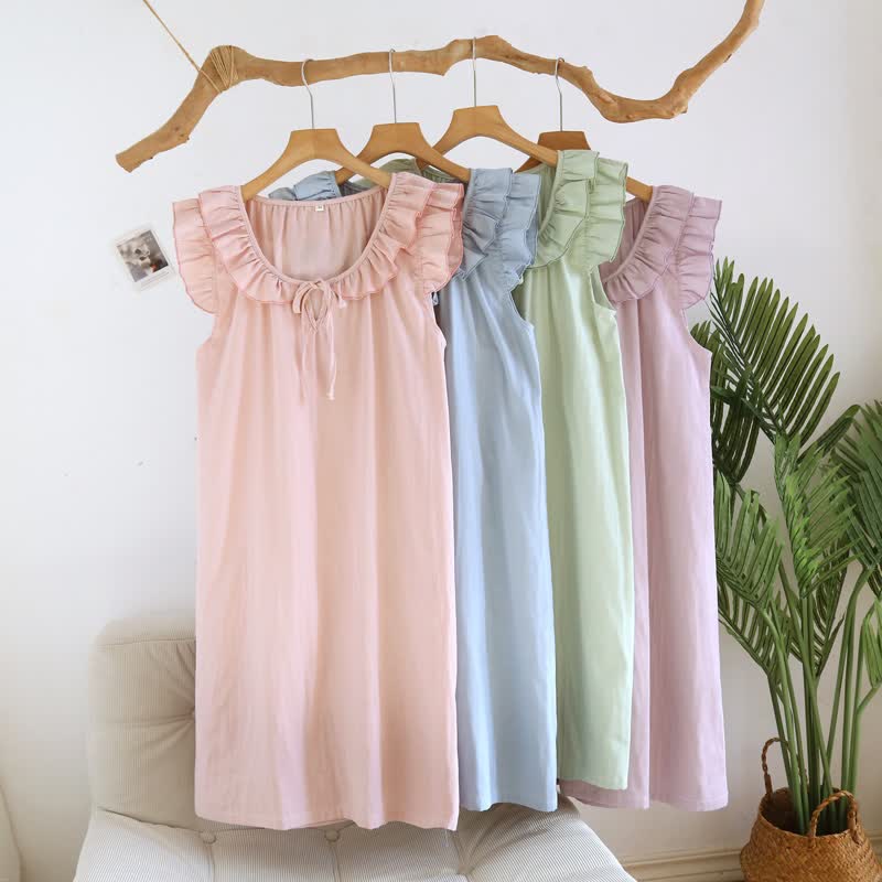 Cotton Gauze Solid Flutter Sleeve Nightdress