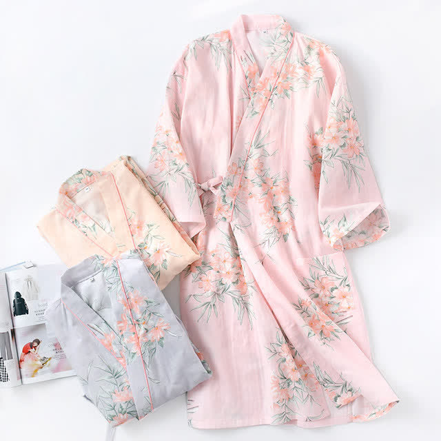 Pink Floral Cotton Gauze Kimono Robe