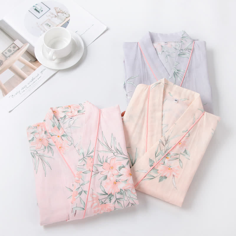 Pink Floral Cotton Gauze Kimono Robe