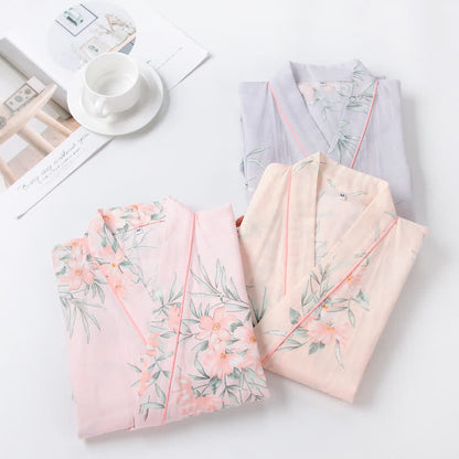 Pink Floral Cotton Gauze Kimono Robe