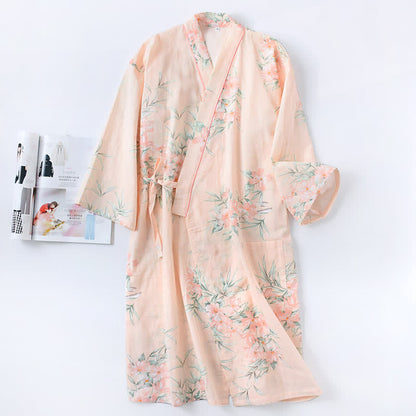Pink Floral Cotton Gauze Kimono Robe