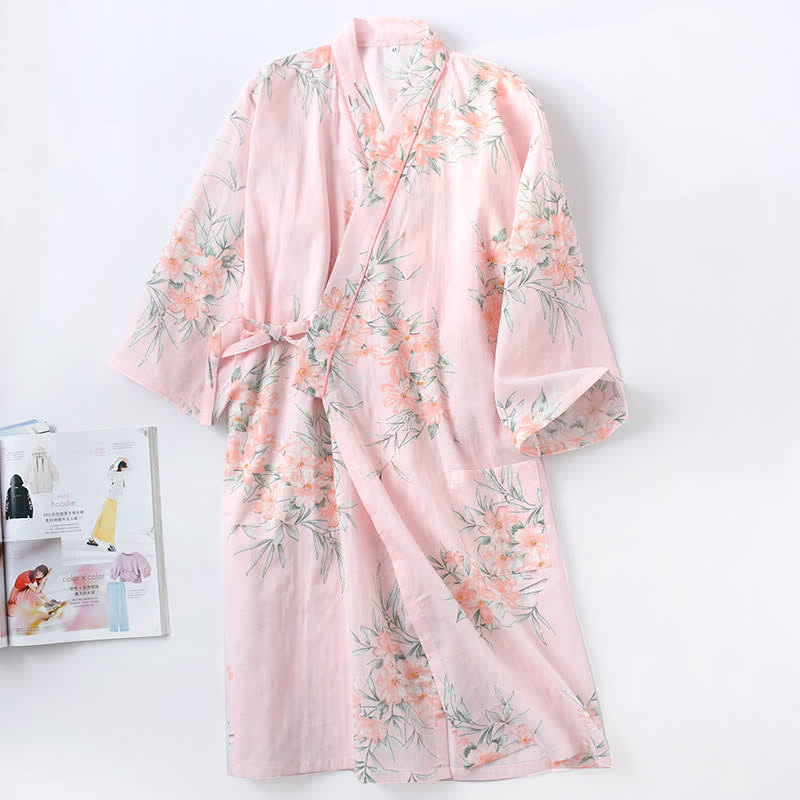 Pink Floral Cotton Gauze Kimono Robe