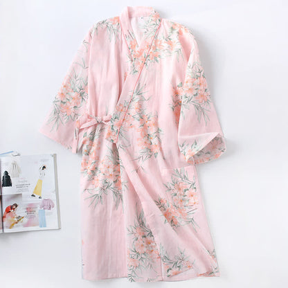 Pink Floral Cotton Gauze Kimono Robe