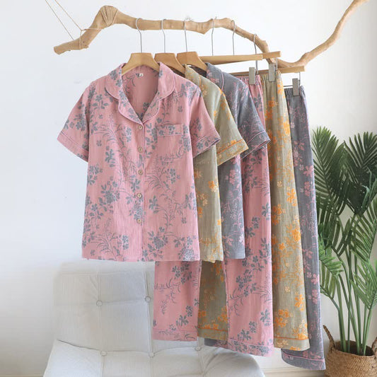 Branch & Floral Pure Cotton Pajama Set Autumn Cotton Floral Gauze Green Grey L Loungewear M newin260326 Nightie Pajama Pastoral Pink Set Short Sleeve Sleepwear Spring Summer XL
