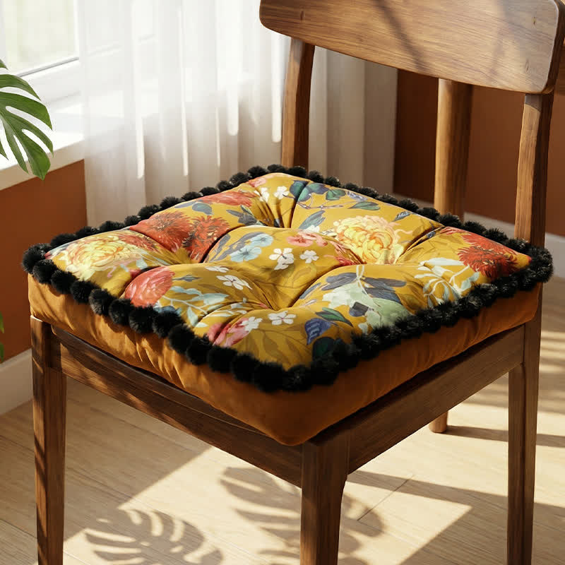Vintage Floral Seat Cushion with Pom-Pom Trim