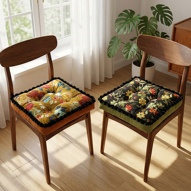 Vintage Floral Seat Cushion with Pom-Pom Trim