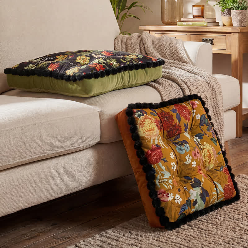 Vintage Floral Seat Cushion with Pom-Pom Trim