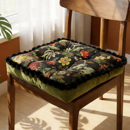 Vintage Floral Seat Cushion with Pom-Pom Trim