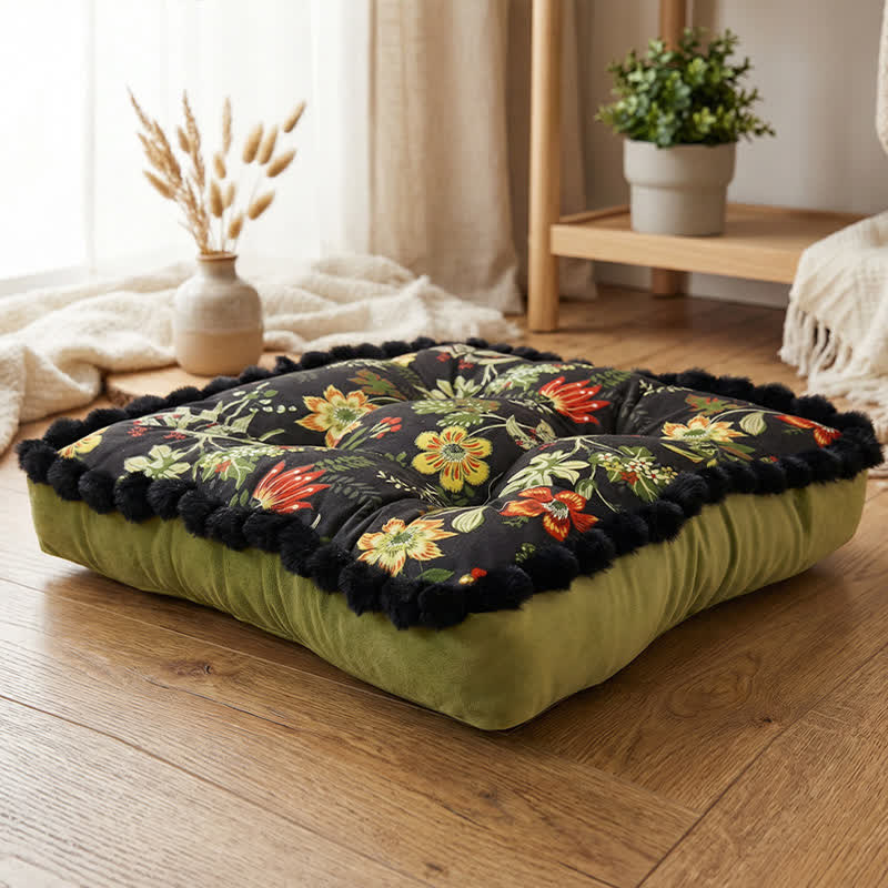 Vintage Floral Seat Cushion with Pom-Pom Trim