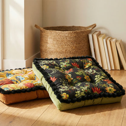 Vintage Floral Seat Cushion with Pom-Pom Trim