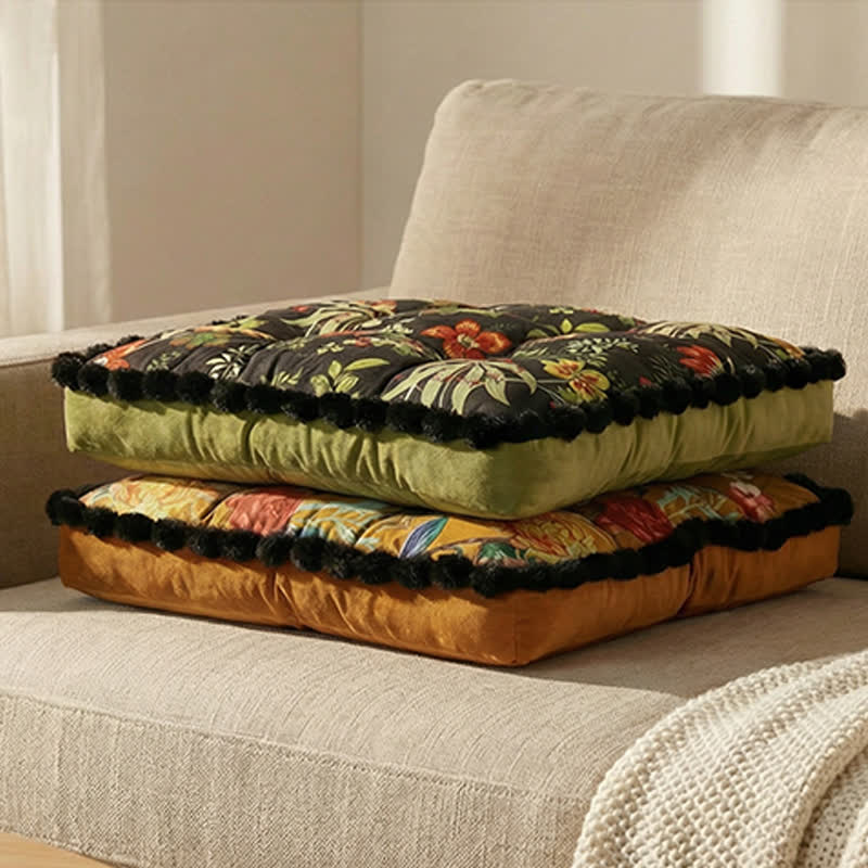 Vintage Floral Seat Cushion with Pom-Pom Trim