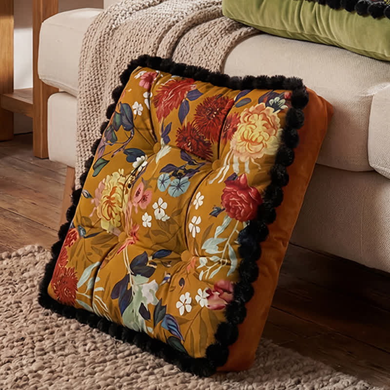 Vintage Floral Seat Cushion with Pom-Pom Trim