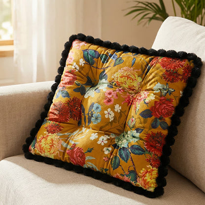 Vintage Floral Seat Cushion with Pom-Pom Trim