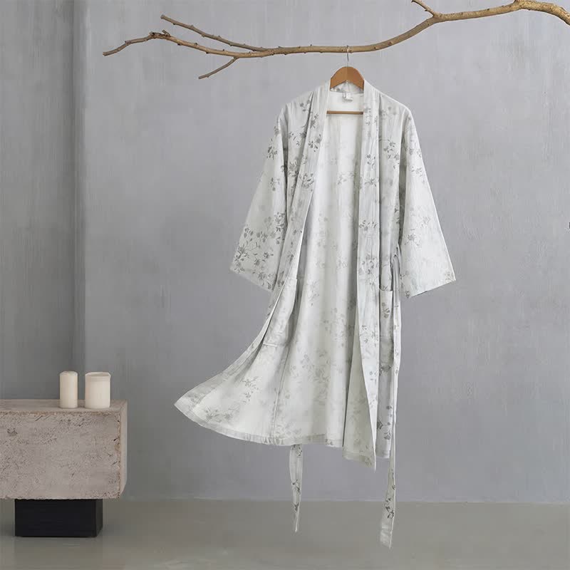 Elegant Floral Cotton Linen Kimono Robe