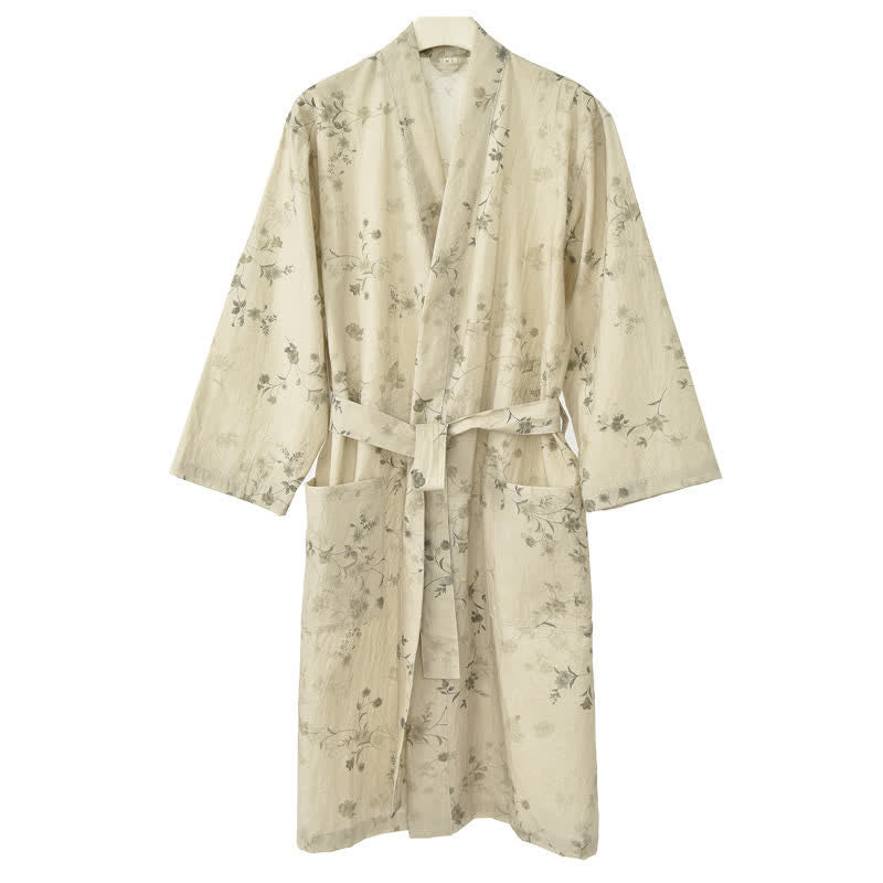Elegant Floral Cotton Linen Kimono Robe