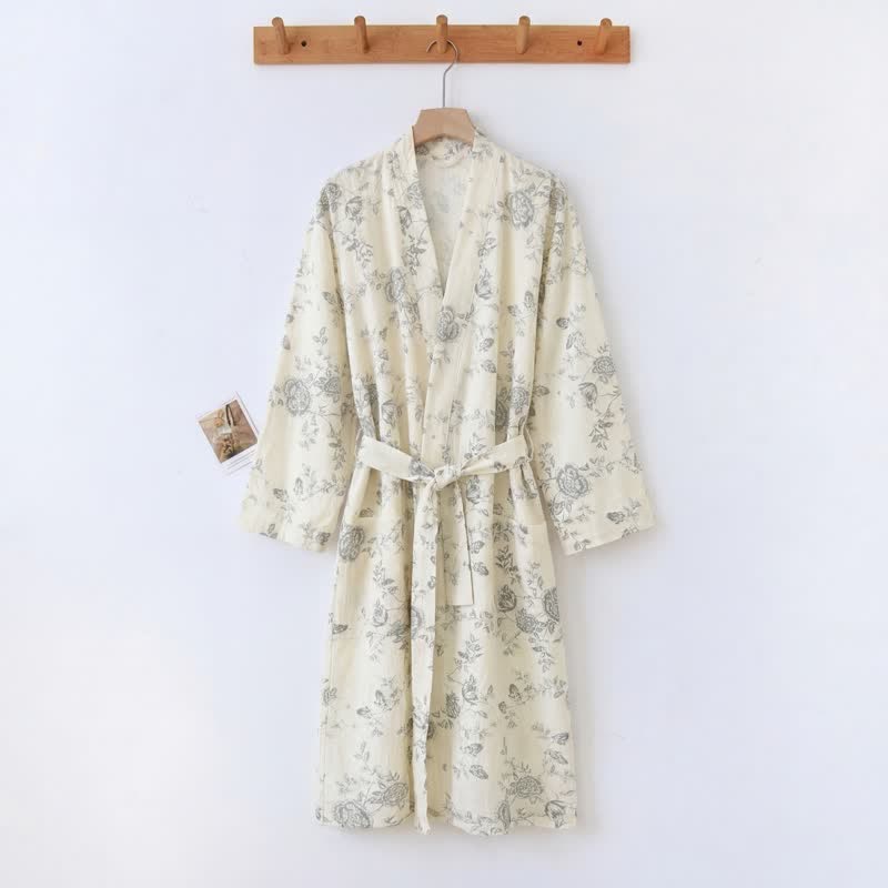 Pastoral Floral Cotton Linen Kimono Robe
