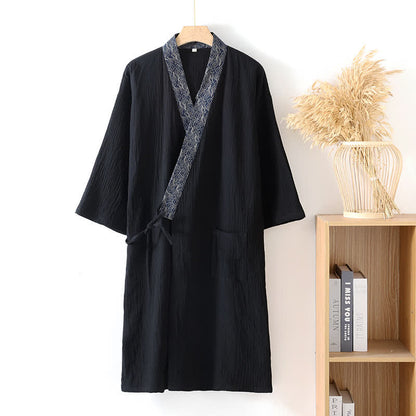 Classic Cotton Gauze Robe with Decorative Trim