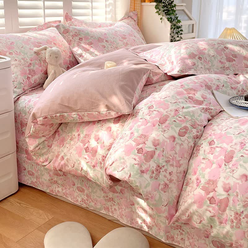 Pink Floral Pure Cotton Bedding Set(4PCS)