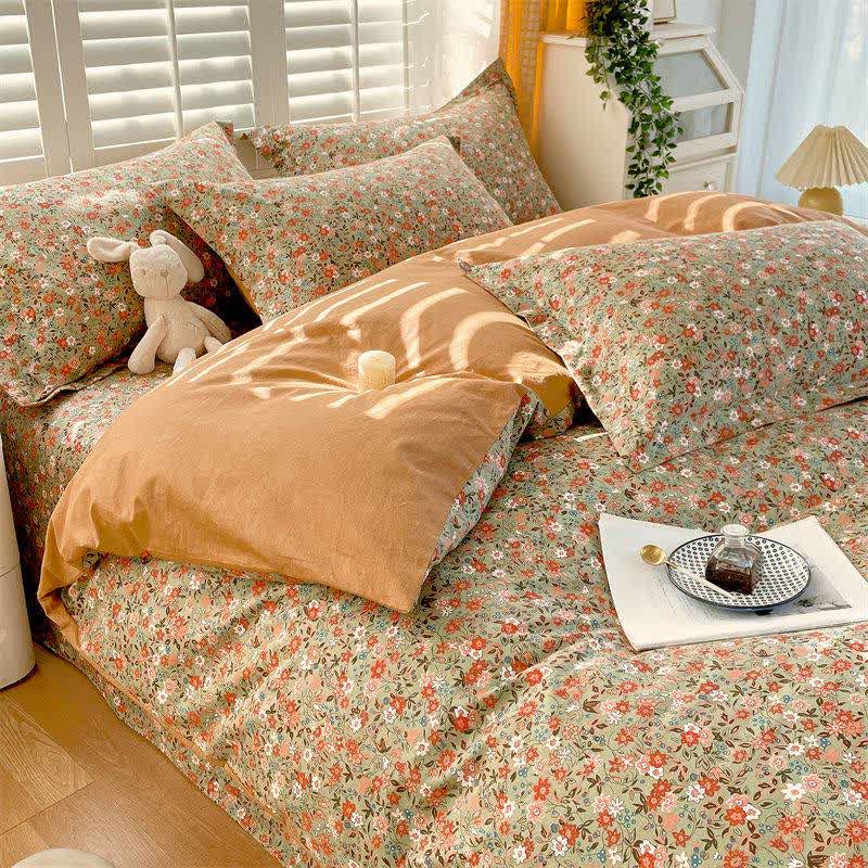 Vintage Floral Leaf Pure Cotton Bedding Set(4PCS)