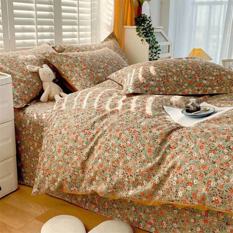 Vintage Floral Leaf Pure Cotton Bedding Set(4PCS)