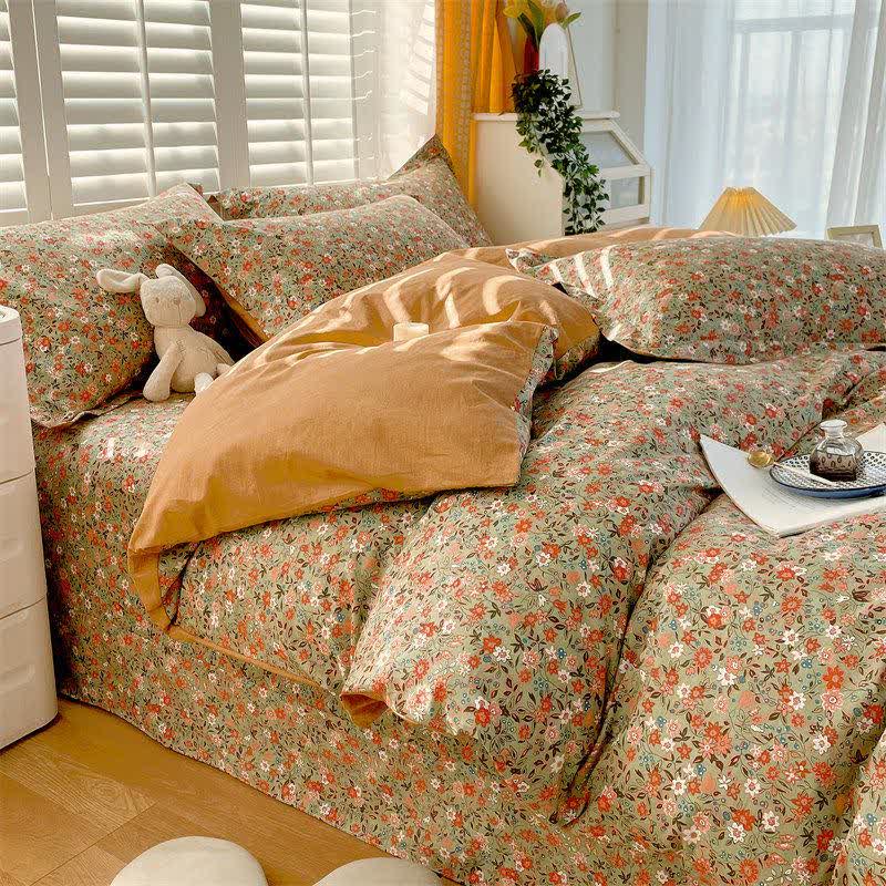 Vintage Floral Leaf Pure Cotton Bedding Set(4PCS)