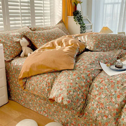 Vintage Floral Leaf Pure Cotton Bedding Set(4PCS)