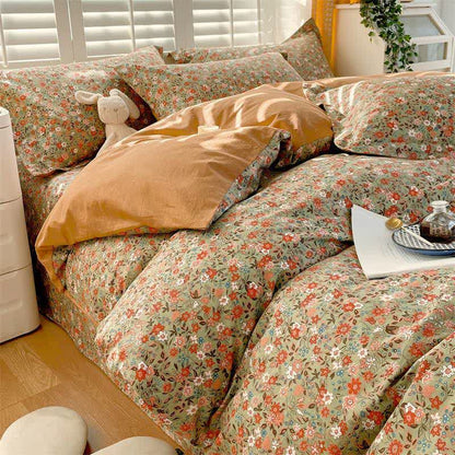 Vintage Floral Leaf Pure Cotton Bedding Set(4PCS)