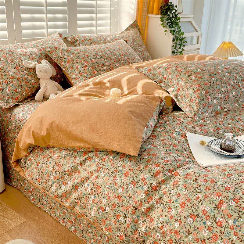 Vintage Floral Leaf Pure Cotton Bedding Set(4PCS)