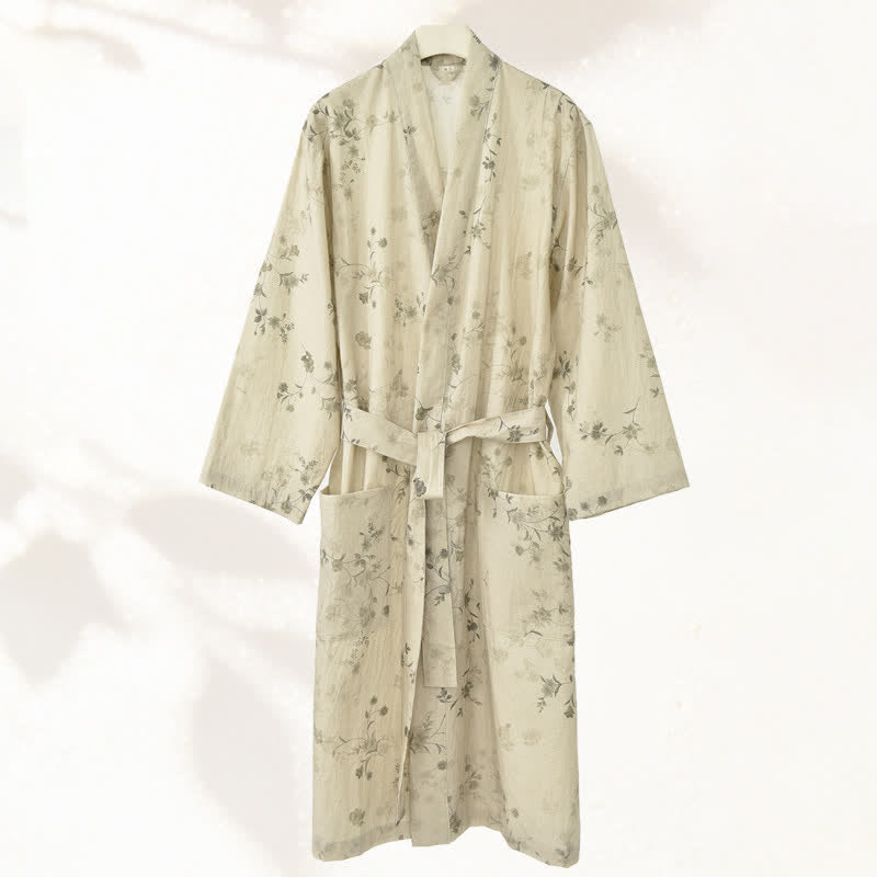 Elegant Floral Cotton Linen Kimono Robe