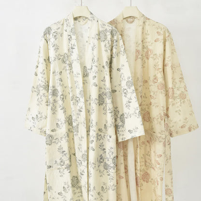 Pastoral Floral Cotton Linen Kimono Robe